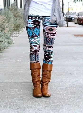 Tribal Patterned Leggings with Brown Knee High Boots & Grey Cardigan