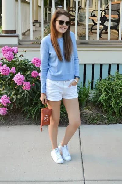 Sky Blue Fitted Sweater with White Denim Shorts