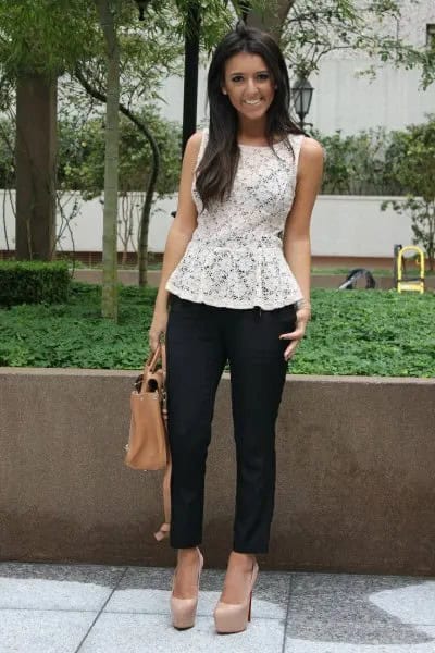 White Lace Peplum Top with Black Skinny Jeans