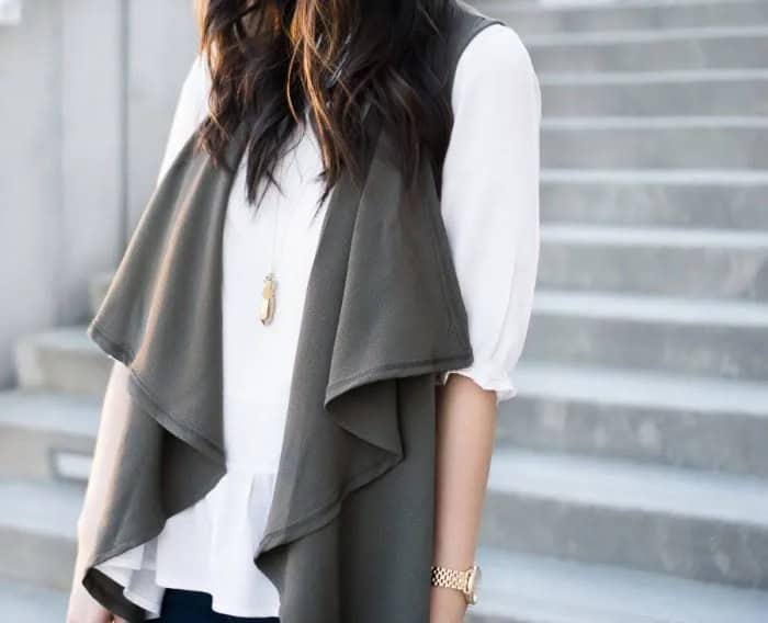 Grey Sleeveless Waterfall Cardigan with White Half Sleeve Blouse