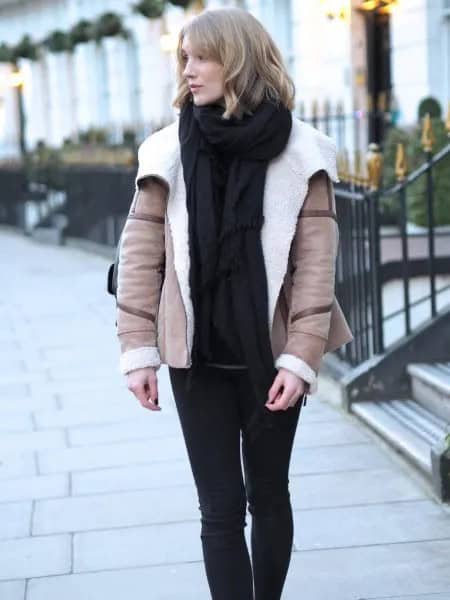 Blush Pink Aviator Jacket with Black Sweater & Knit Scarf