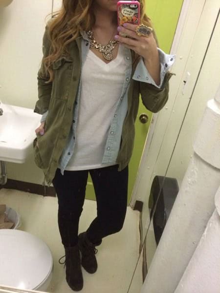 Olive Military Jacket with Light Blue Chambray Shirt