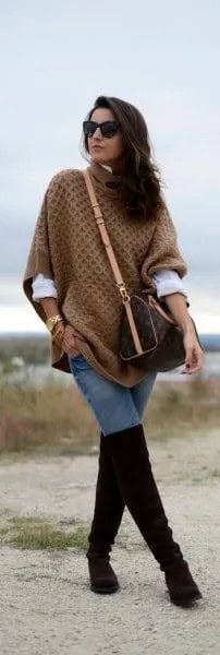 Green Cable Knit Poncho Sweater with Black Thigh High Boots