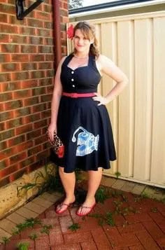 Black Belted Fit and Flare Midi Dress with Grey Flip Flops