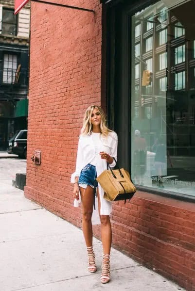 White Tunic Button Up Shirt with Blue Denim Shorts