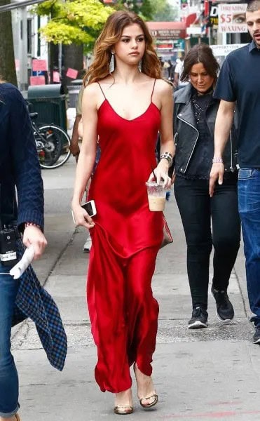 Red Satin Scoop Neck Floor Length Dress