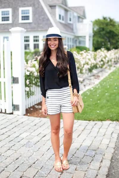 Black V Neck Blouse with Striped Shorts & Felt Hat