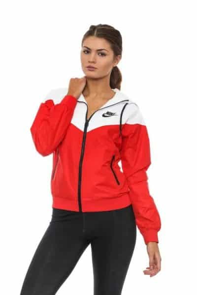 White and Red Windbreaker Jacket with Black Skinny Jeans