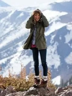 Grey Parka Jacket with Navy and White Plaid Hiking Shirt & Boots