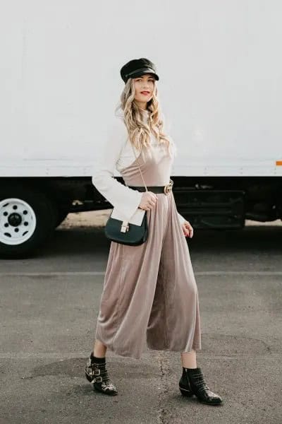 Grey Velvet Wide Leg Jumpsuit over White Sweater