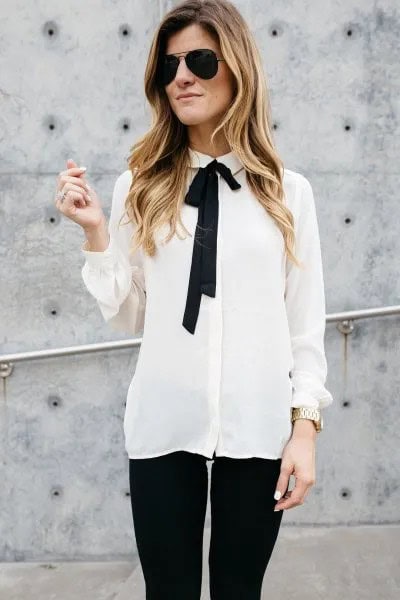 White and Black Tie Neck Chiffon Untucked Shirt with Skinny Jeans