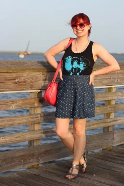 Black Graphic Tank Top with High Rise Polka Dot Mini Skirt