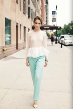 Blue Straight Leg Pants with Pink and White Peplum Top