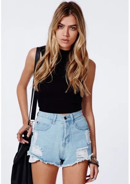 Black Mock Neck Sleeveless Form Fitting Top with Light Blue Denim Mini Shorts