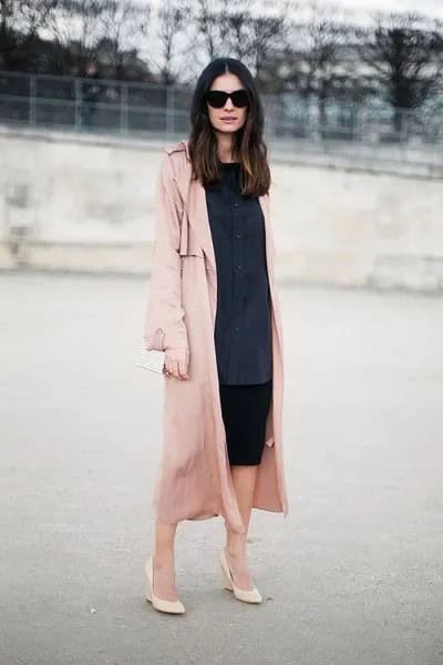 Navy Blue Button Up Shirt Dress with Pink Longline Trench Coat & Blush Heels