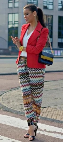 Red Blazer with White Button Up Shirt & Colorful Tribal Pants