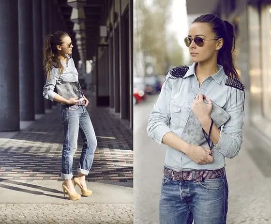 Light Grey Button Up Shirt with Belted Baggy Jeans