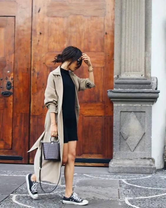 Beige Trench Coat + Black Sneakers