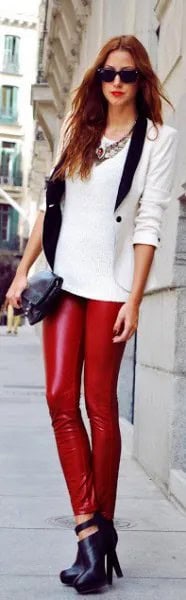 White Sweater with Fitted Blazer & Leather Leggings