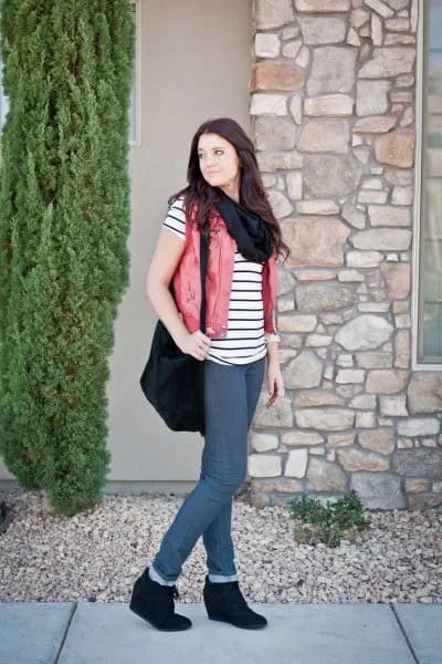 Black and White Striped Short Sleeve T Shirt with Beige Vest & Wedge Boots