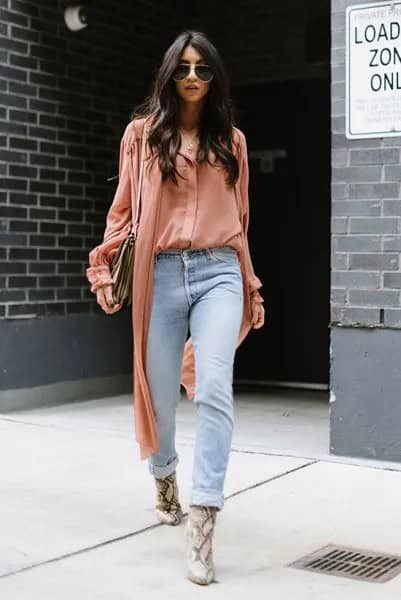 Blush Pink Blouse with Light Blue Boyfriend Jeans