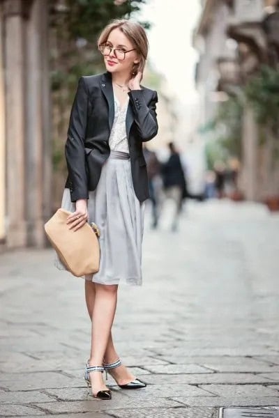 Black Blazer with Grey Pleated Dress & Black Ankle Strap Kitten Heel Shoes