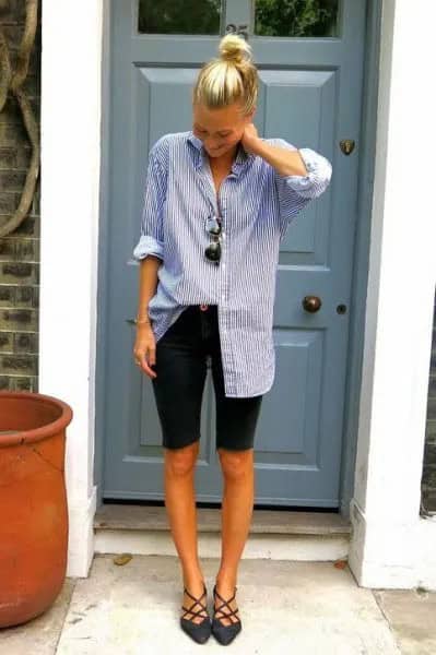 Blue and White Striped Tunic Button Up Shirt with Black Long Shorts