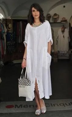 White Boat Neck Maxi Linen Shirt Dress