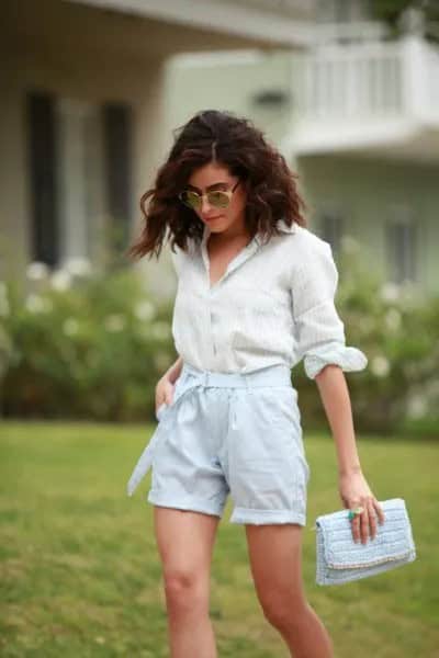 White Striped Button Up Shirt with Light Blue Linen Shorts