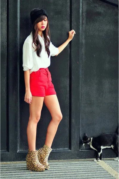 White Chiffon Button Up Half Sleeve Shirt with Red Shorts