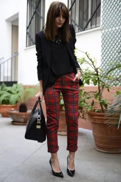 Black Blazer with Red Plaid Cuffed Skinny Pants