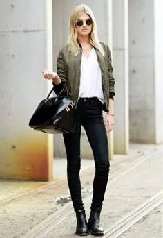 Bomber Jacket with White V Neck Tee & Black Skinny Jeans