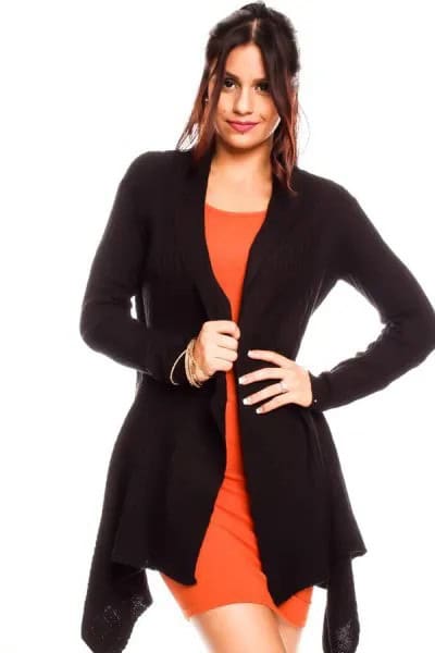 Black Cardigan with Orange Mini Shift Dress