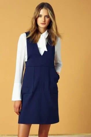 White Bow Blouse with Navy Dress