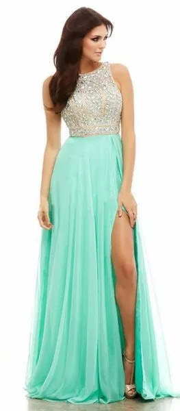 Sequin and Chiffon Two-Toned High Split Prom Dress