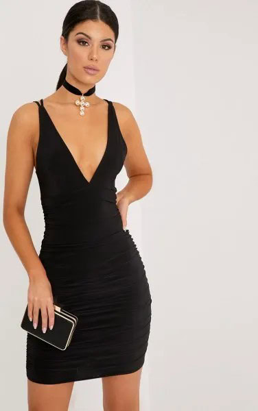 Deep V Neck Bodycon Mini Dress with Black Choker