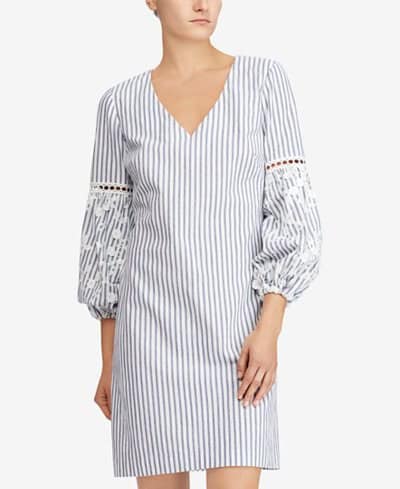 Grey and White Vertical Striped Puff Sleeve Shift Dress