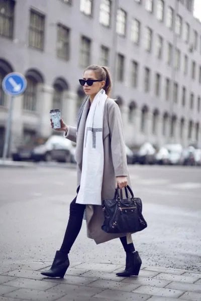 Light Grey Longline Wool Coat with White Long Scarf & Black Ankle Leather Wedge Boots