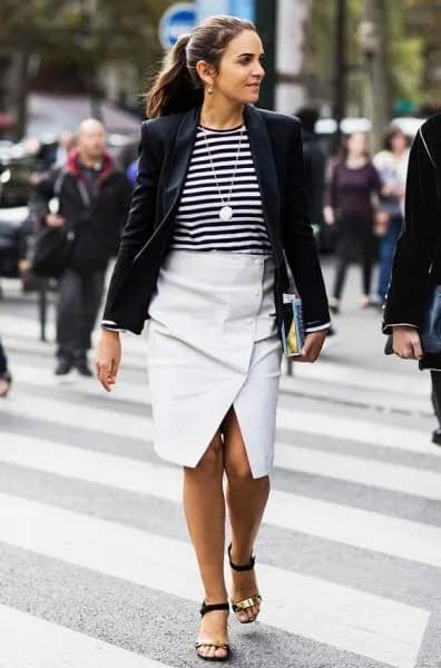 Black Blazer with Striped Tee & White Midi Envelope Skirt