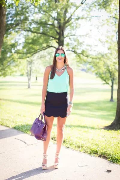 White Chiffon Vest Top with Black Mini Scallop Skirt