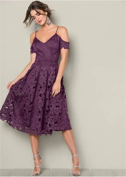 Purple Two-Toned Cold Shoulder Fit and Flare Midi Lace Dress