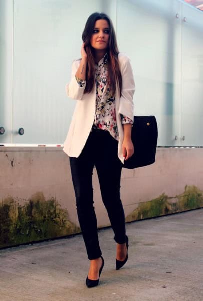 White Blazer with Printed Silk Blouse & Black Chinos