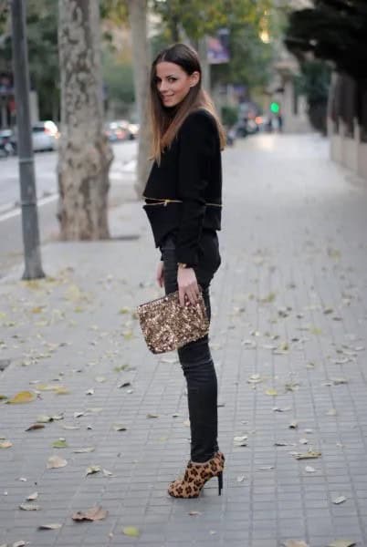 Black Blazer with Dark Blue Skinny Jeans & Animal Print Heels