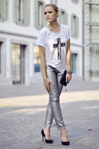 White Oversized Print Tee with Silver Leggings & Ballet Heels