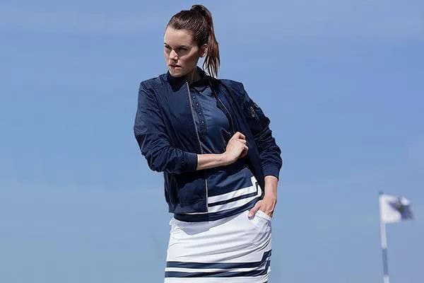 Black Bomber Golf Jacket with White Mini Shift Skirt