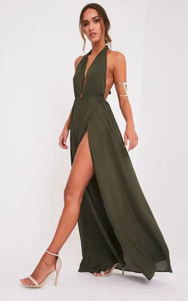 Green Maxi High Split Plunge Dress