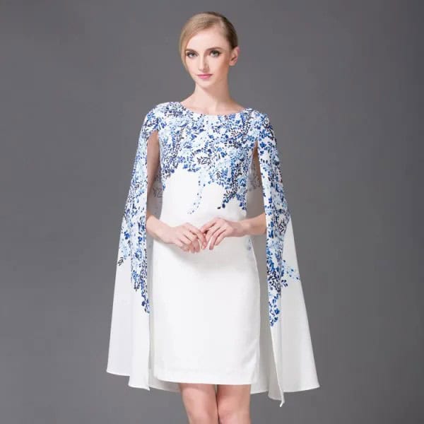 White and Blue Floral Printed Cape Dress