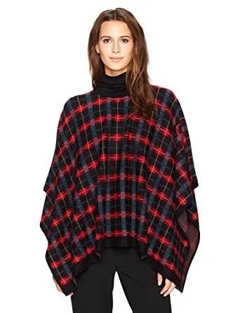 Red and Black Plaid Poncho with Mock Neck Sweater