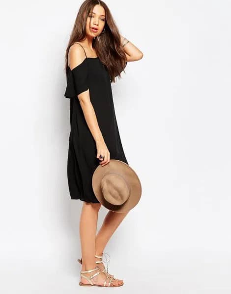 Black Spaghetti Strap Cold Shoulder Shift Dress