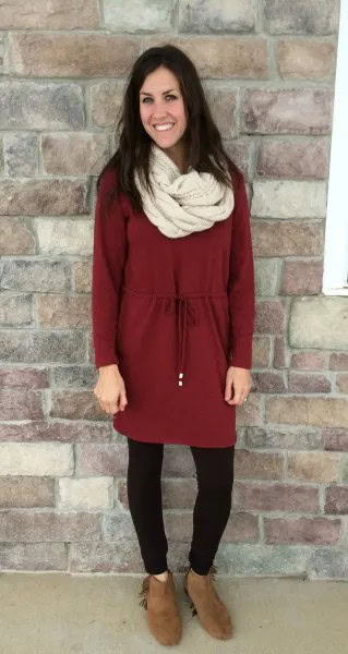 Burgundy Gathered Waist Tunic Top with Pale Pink Scarf & Fleece Leggings